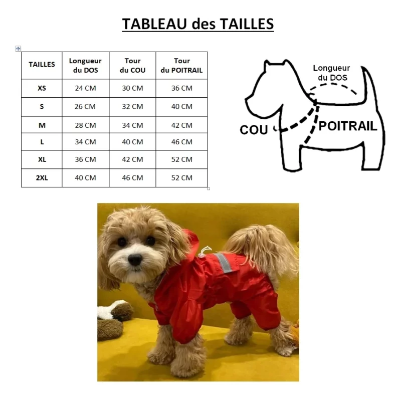 Veste imperméable pour chien rouge avec manches longues et capuche, petit chien, chat, fond jaune, tableau des tailles vêtements.