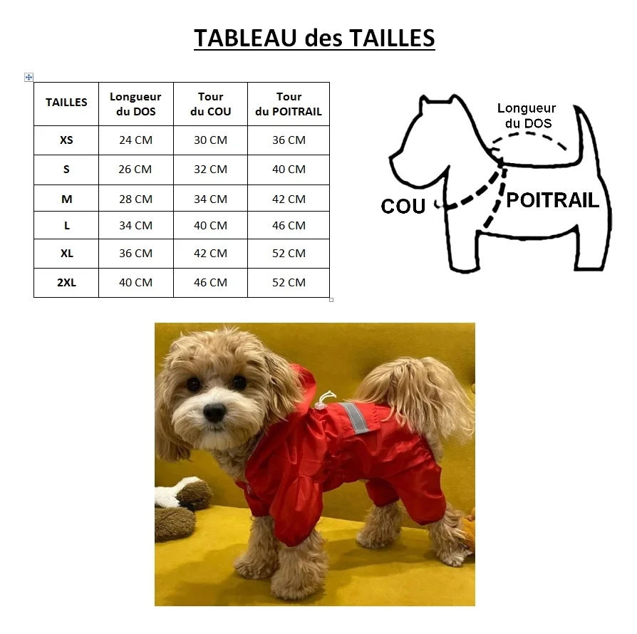 Veste imperméable pour chien rouge avec manches longues et capuche, petit chien, chat, fond jaune, tableau des tailles vêtements.