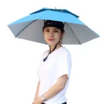 Chapeau parapluie double anti-UV bleu imperméable avec trappe d’aération, idéal pour protection mains libres sous la pluie.