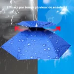 Chapeau parapluie double anti-UV imperméable avec trappe d'aération, protection efficace contre pluie et soleil, fond ciel orageux.