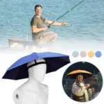 Chapeau parapluie pliant 69 cm anti UV pour pêche, protection pratique contre pluie et soleil, homme souriant au bord de l'eau