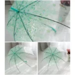 Parapluie transparent fleuri avec motifs verts, design élégant et léger, parfait sous la pluie tout en restant tendance.