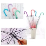 Parapluie transparent fleuri, motif floral élégant, poignée crochet, présenté au centre d'une collection colorée dans un seau.