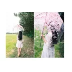 Femme avec parapluie transparent fleuri dans un champ verdoyant, élégante avec sa robe blanche, accessoire mode collection 2023.