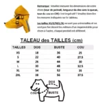 Tableau des tailles pour imperméable chien manches courtes, sangles dos, mesures cm pour dos, buste, cou avec illustration zones