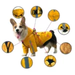 Chien Corgi avec imperméable jaune, manches courtes, sangles ajustables et éléments réfléchissants pour les promenades sous la pluie.