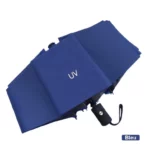 Parapluie anti UV automatique bleu, protection pluie et soleil, avec logo UV, pratique et élégant pour toutes saisons.
