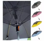 Parapluie anti-retournement coupe-vent avec mécanisme robuste, accompagné de modèles colorés gris, rose, jaune et bleu.