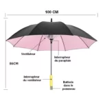 Parapluie anti-retournement 100 cm avec ventilateur intégré, design noir et rose, idéal contre le vent, batterie dans le pommeau.