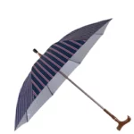 Parapluie canne de marche avec LED, motif rayé bleu marine et rouge, poignée bois élégante, idéal pour style et protection pluie