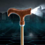 Parapluie canne avec LED intégrée, poignée en bois, design moderne, sur fond urbain futuriste avec silhouettes de bâtiments modernes.