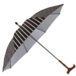Parapluie canne de marche avec LED, design élégant rayé noir et doré, poignée bois, alliant style, confort et praticité.