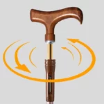 Parapluie canne innovant avec LED, design élégant en bois, poignée ergonomique, présenté sur fond gris avec flèches explicatives.