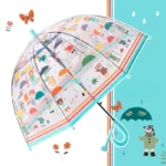 Parapluie transparent cloche enfant avec motifs colorés d'animaux, fleurs et papillons, parfait pour protéger par temps de pluie.
