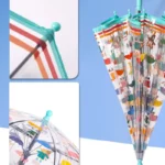 Parapluie cloche transparent enfant, motifs ludiques colorés, armature turquoise, pratique et fun pour se protéger de la pluie.