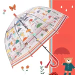 Parapluie cloche transparent enfant, motifs colorés d'animaux et pluie, pratique et ludique, accessoire idéal pour jours pluvieux.