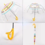 Parapluie cloche transparent pour enfants avec manche jaune, motifs nuages et gouttes, ludique et parfait pour les jours de pluie.