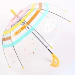 Parapluie cloche transparent pour enfants avec nuages souriants, gouttes de pluie et rayures colorées, parfait pour jours de pluie.