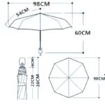 Schéma dimensions parapluie luxe noir et blanc : diamètre 98 cm, hauteur 60 cm, détails poignée élégante. Idéal [Collection].