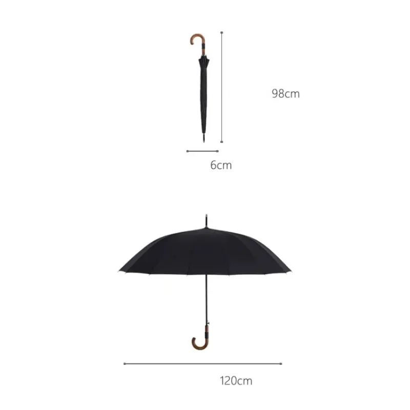 Parapluie de luxe vintage noir élégant, 120 cm ouvert, 98 cm fermé, design classique avec canne courbée - Collection exclusive.