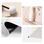 Parapluie femme cœur élégant, intérieur noir, détails raffinés et accessoire cône, présenté sur fond neutre avec smartphone rose.