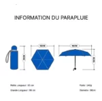 Parapluie femme léger, dimensions folding ouvert 96 cm, fermé 20 cm, poids 240 g, design compact, idéal pour toutes saisons.