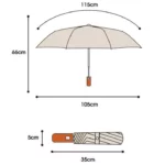 Parapluie inversé automatique beige 115 cm, poignée orange 35 cm, schéma dimensions détaillées. Idéal contre la pluie.