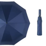 Parapluie tempête grand format octogonal bleu marine, ouvert et plié, collection [Collection], résistant et élégant.