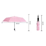Parapluie vichy pliant à carreaux roses, compact et pratique, avec housse, dimensions 99x57 cm ouvert, 26 cm replié.