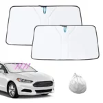 Pare-soleil pare-brise voiture avec panneaux blancs, anti-chaleur, protège l’intérieur, pratique avec sac de rangement inclus.