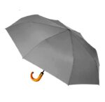 Parapluie homme pliant gris élégant, poignée en bois, idéal pour une protection stylée sous la pluie. Collection intemporelle.