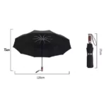 Parapluie golf chic noir ouvert de 120 cm avec mât de 75 cm et version pliée de 37 cm, accessoire élégant contre la pluie.