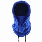 Capuche de pluie anti-froid avec cache-cou et visage, en polaire bleu, idéale pour l'hiver et les activités extérieures.