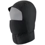 Capuche de pluie noire avec cache-visage et col molletonné, idéale pour se protéger du froid, du vent et de la pluie en toute saison.