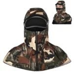 Capuche de pluie isotherme camouflage anti-UV avec fermeture éclair, idéale pour se protéger des intempéries en extérieur.