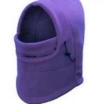 Capuche de pluie polaire intégrale violette, protège tête et cou du froid et de l'humidité, ajustable avec cordon de serrage.