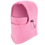 Capuche en polaire rose intégrale élastique avec protection visage, idéale contre le froid et la pluie. Confortable et stylée.