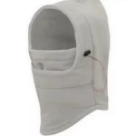 Capuche de pluie polaire intégrale beige, ouverture visage ajustable, design élastique, idéale pour temps froid et humide.