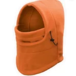 Chauffe-nuque polaire orange avec capuche intégrale élastique, offre chaleur, protection contre le froid et ajustement idéal.