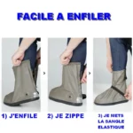 Couvre-chaussures à lacets réglables avec fermeture éclair, montrant 3 étapes simples pour un enfilage rapide et pratique.