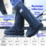 Couvre-chaussures noirs imperméables avec fermeture éclair, élastiques ajustables, éléments réfléchissants et guide des tailles.