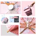 Parapluie femme vintage rose à motifs floraux, vue détaillée du mécanisme, de la toile et des finitions élégantes et raffinées.