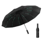 Parapluie anti retournement noir avec détails turquoise, élégant et pratique, idéal pour pluie, avec étui de rangement inclus.