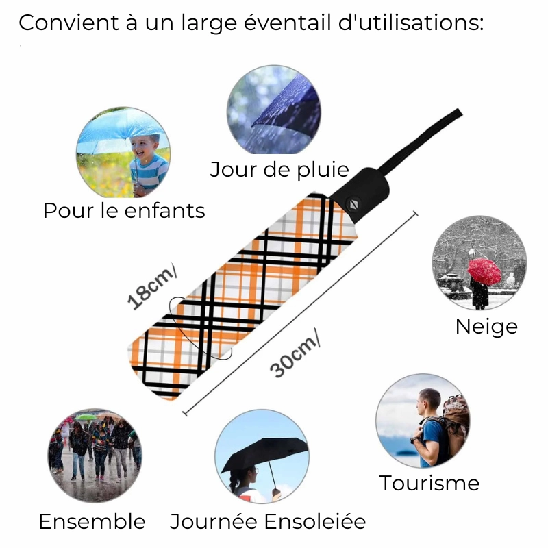 Parapluie automatique cadrillage orange noir, compact et pratique pour pluie, neige ou soleil, idéal sorties et usage quotidien.
