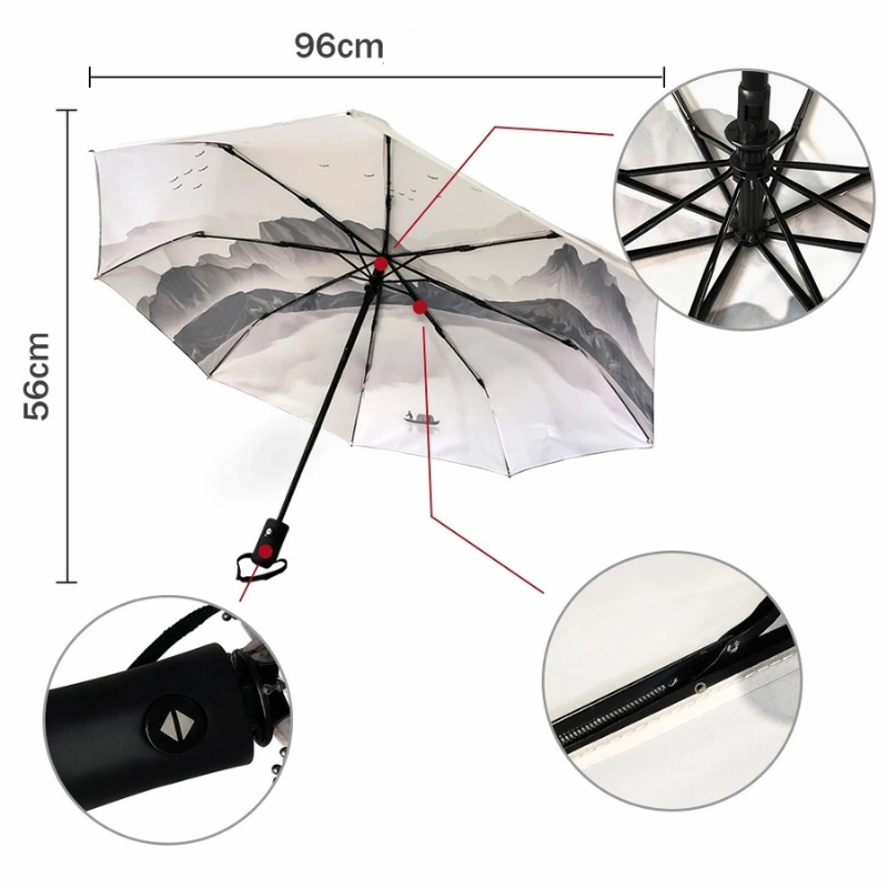 Parapluie automatique orange et noir, 96 cm, design artistique montagne, ergonomique, pratique avec mécanisme de fermeture.