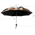 Parapluie automatique design têtes de chiens, 108 cm de largeur, 96 cm de hauteur, poignée noire élégante et motifs colorés.
