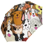 Parapluie automatique avec motifs de têtes de chiens colorés, idéal pour ajouter style et originalité sous la pluie.