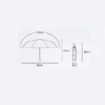 Schéma technique d'un parapluie automatique doré, dimensions : 110 cm large ouvert, 30 cm plié, idéal pour protection élégante