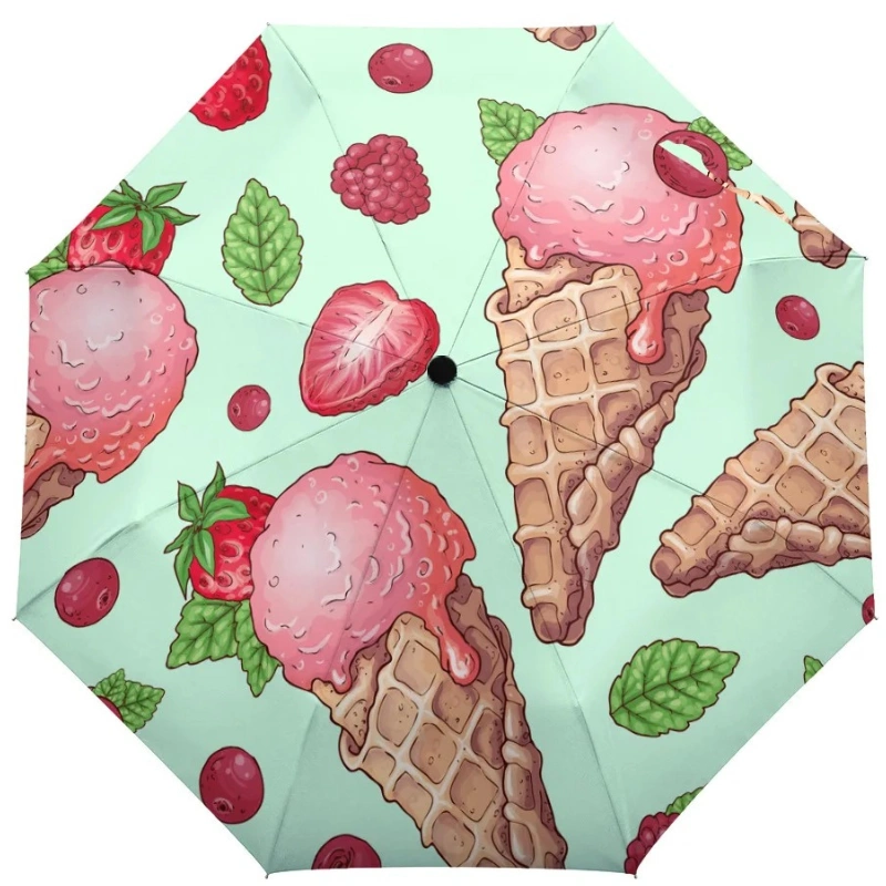 Parapluie automatique rose avec motifs fraises et feuilles de menthe, design ludique et protecteur pour un style unique.