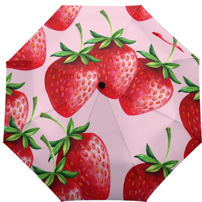Parapluie automatique rose avec motifs de fraises rouges, parfait pour une protection élégante et colorée par temps de pluie.
